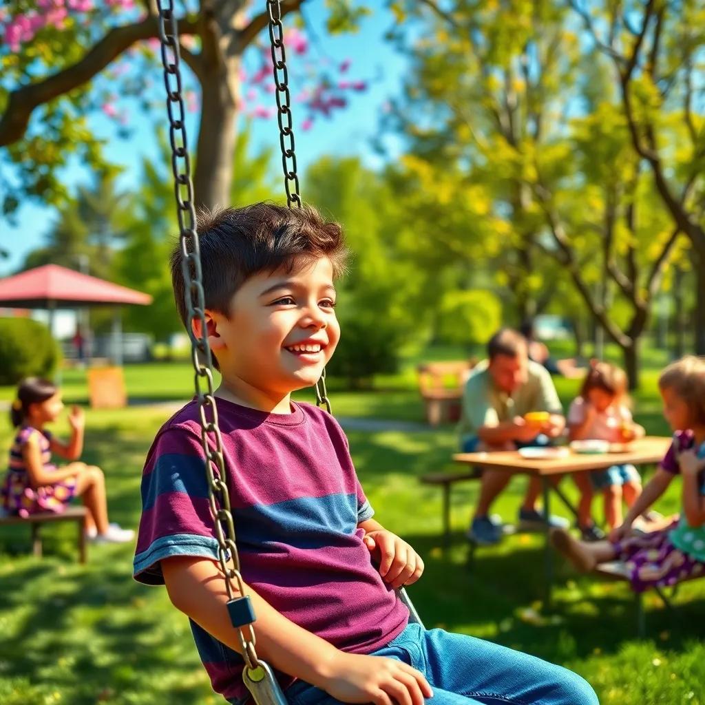 A vibrant park with children playing, Mateo sitting on a swing, smiling while watching a family having a picnic nearby, cheerful colors, sunny day, joyful ambiance, high quality