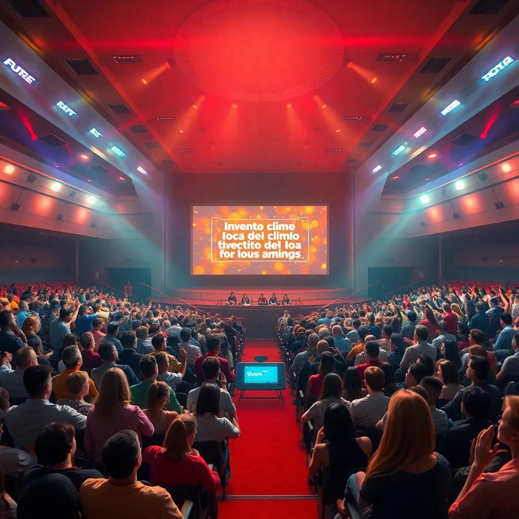 El auditorio lleno de gente emocionada, con luces brillantes y una gran pantalla mostrando el invento del clima de los amigos, el dispositivo en el centro, rodeado por carteles de la competencia, ambiente de celebración, digital art, vibrant colors, joyful atmosphere