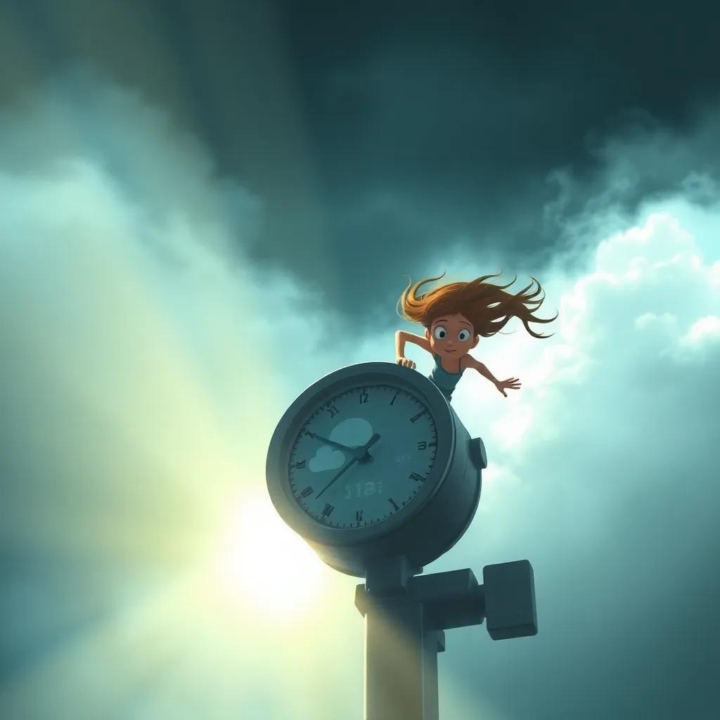 Un rayo de luz cayendo sobre el dispositivo del clima, mostrando una atmósfera de caos, con el viento soplando fuertemente, amigos corriendo con expresiones de miedo, digital art, dramatic, high quality