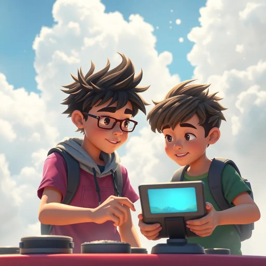 Los amigos experimentando con los controles del dispositivo, con expresiones de concentración, mientras el clima cambia a su alrededor, con vientos suaves y nubes dispersas, digital art, detailed, dynamic atmosphere, high quality