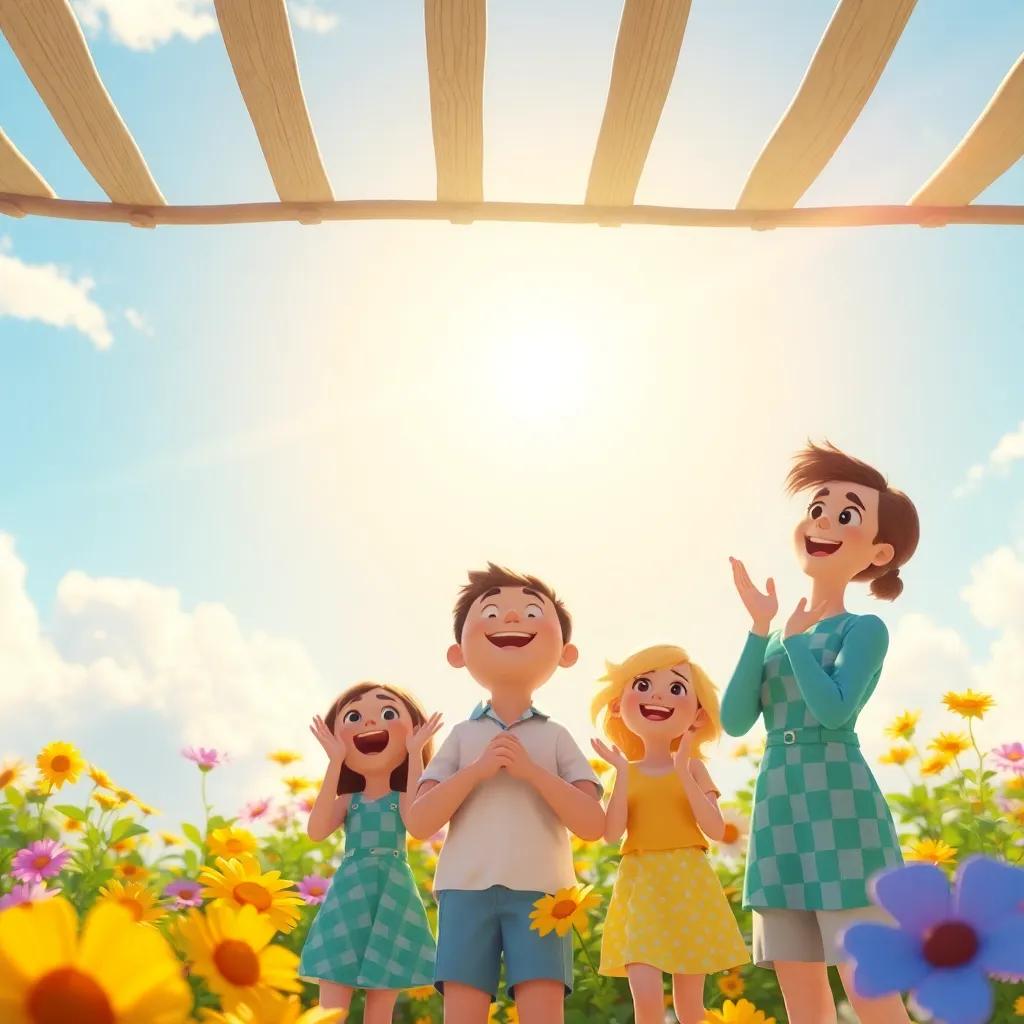 Una escena animada al aire libre con el clima controlado por los amigos, el sol brillante, las flores floreciendo, y gente aplaudiendo y riendo, digital art, cheerful, uplifting, high quality