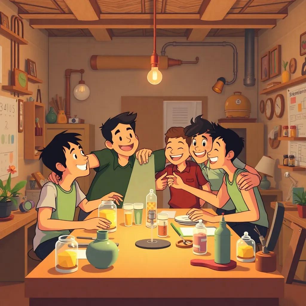 Los amigos celebrando después de la competencia, todos abrazándose y riendo en su taller lleno de inventos, con garabatos y planos en las paredes, digital art, joyful, warm colors, high quality