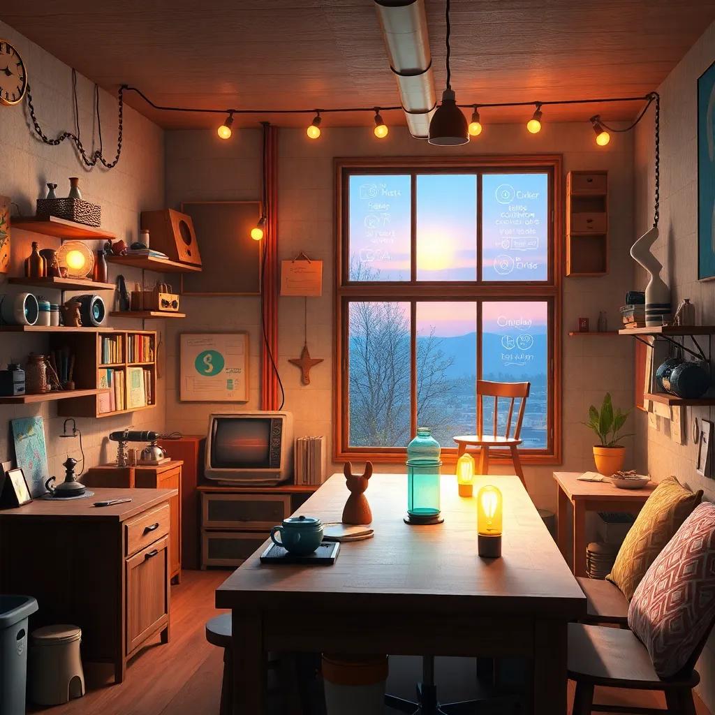 Una vista del taller de los amigos decorado con inventos y una pizarra con ideas creativas, la luz del atardecer iluminando el espacio, digital art, cozy, inspiring atmosphere, high quality