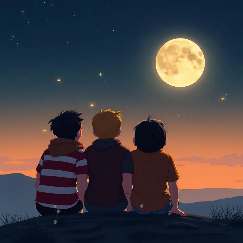 Los cuatro amigos mirando al horizonte bajo la luna, con estrellas brillando, pensando en futuros inventos, digital art, imaginative, warm colors, high quality
