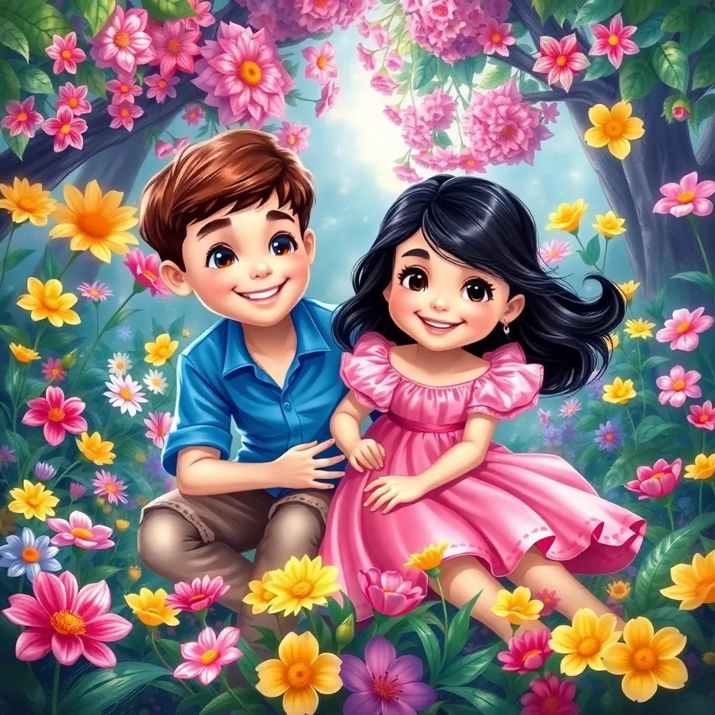A magical garden with colorful flowers, two friends playing together. Leo, a young boy with short brown hair, wearing a blue shirt, and Lila, a young girl with long black hair, wearing a pink dress, smiling happily, digital art, vibrant colors, cheerful atmosphere, high quality