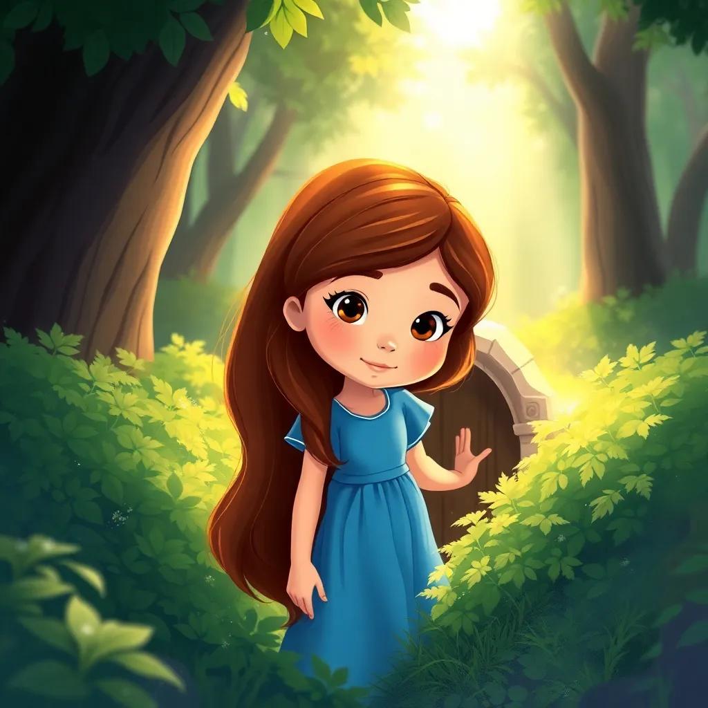 A young girl named Clara, with long brown hair, wearing a blue dress, discovering a small hidden door in the forest, surrounded by green bushes and sparkling sunlight, illustration, whimsical, colorful atmosphere, child-friendly