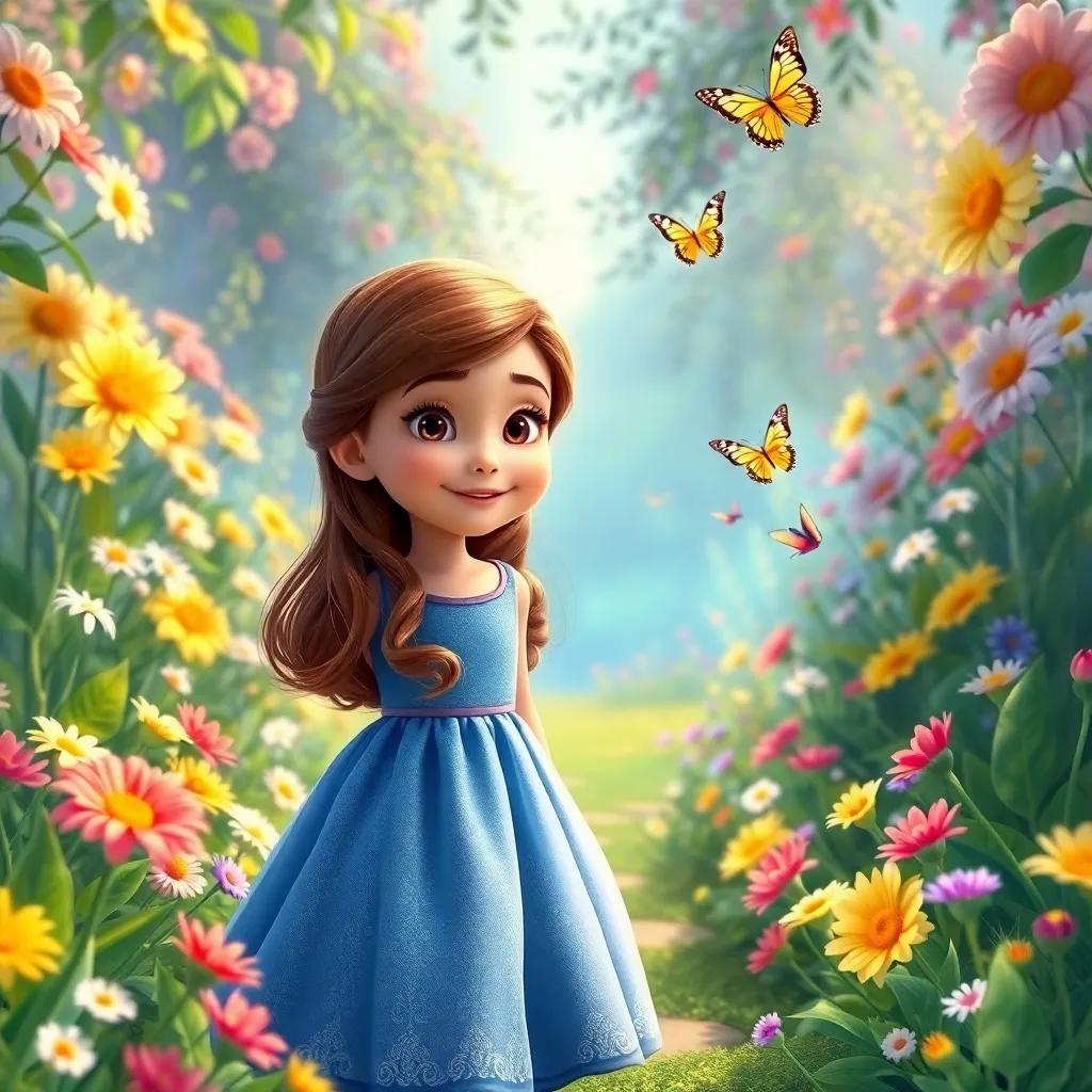Clara, a young girl with long brown hair in a blue dress, entering a vibrant garden filled with colorful flowers and a magical aura, with butterflies fluttering around, digital art, joyful, enchanting scenery, high quality