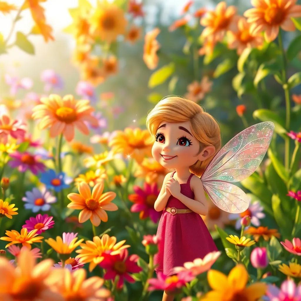 A bright garden with many colorful flowers, and a small fairy with sparkling wings smiling at Clara, magical light surrounding them, detailed digital art, warm colors, inviting atmosphere