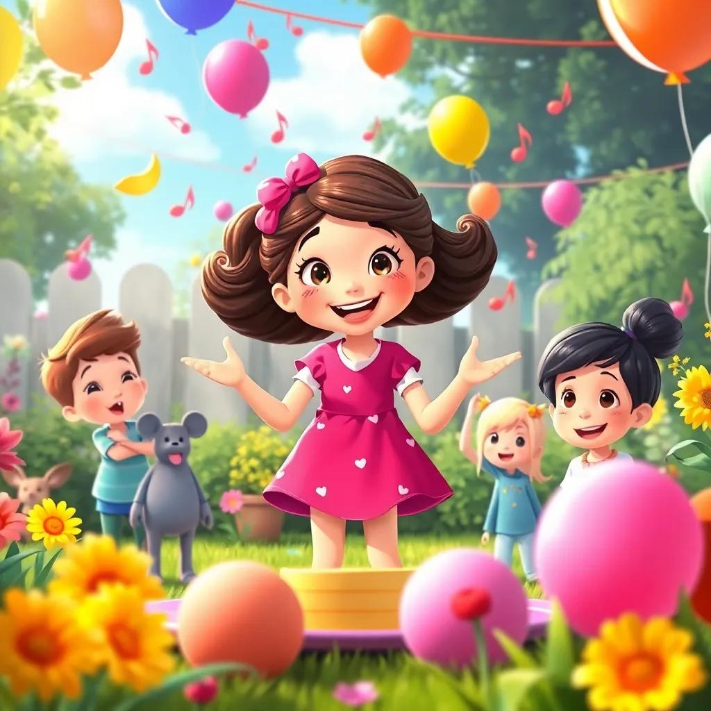 An exciting scene of Clara hosting a joyful party in the garden with her school friends, colorful balloons and music notes in the air, illustration, vibrant colors, fun atmosphere, child-friendly