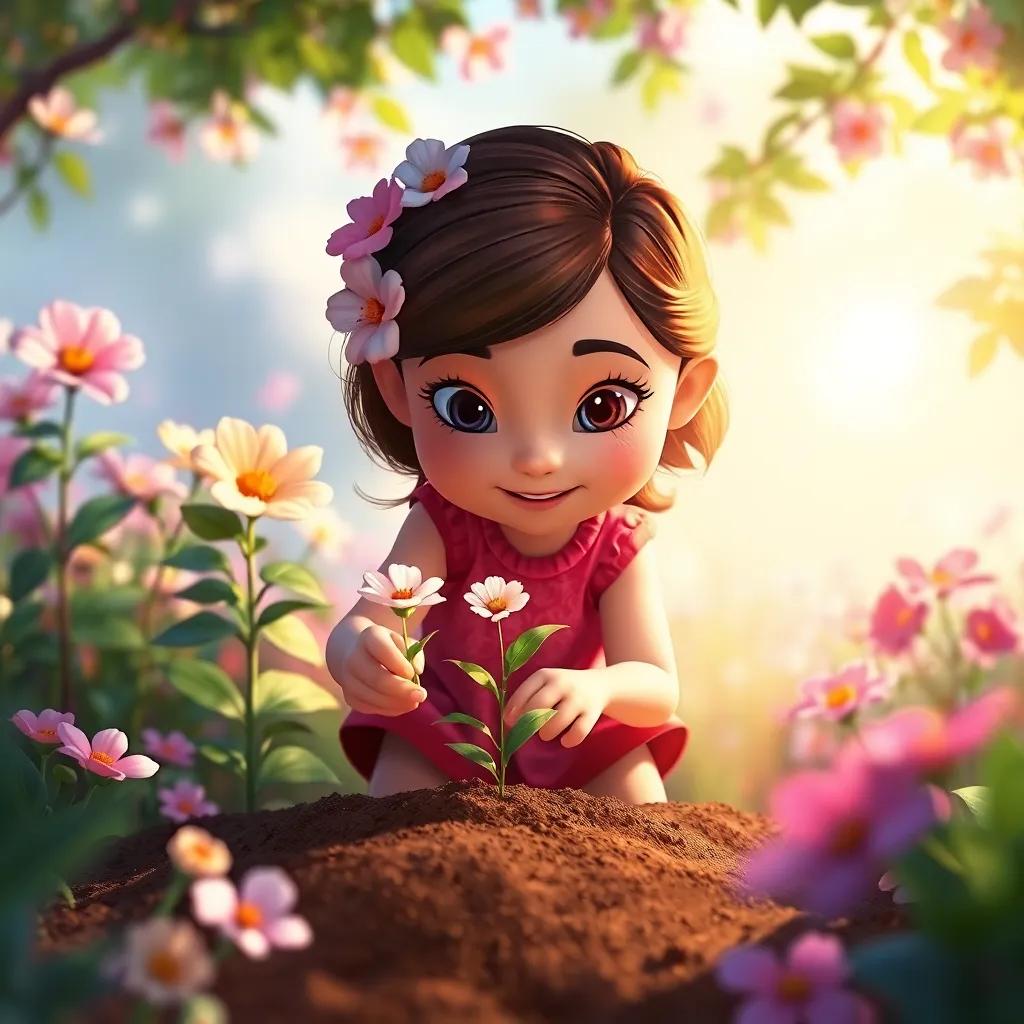 Clara planting a gratitude seed in the garden, with a beautiful flowering tree growing instantly, surrounding her are bright colors, magical light, cheerful atmosphere, digital painting