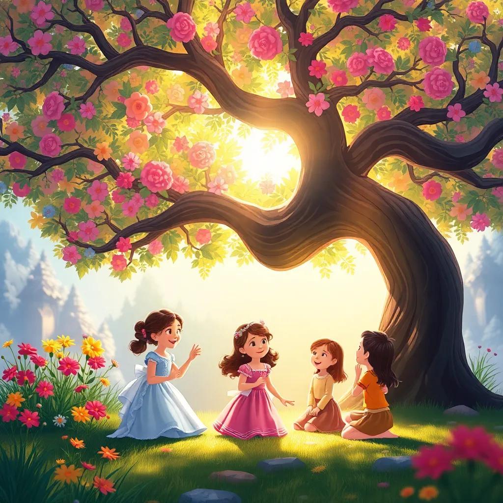 Clara playing with her friends under a majestic tree with colorful flowers, representing joy and gratitude, sunlight filtering through the leaves, illustration, warm colors, heartwarming scene