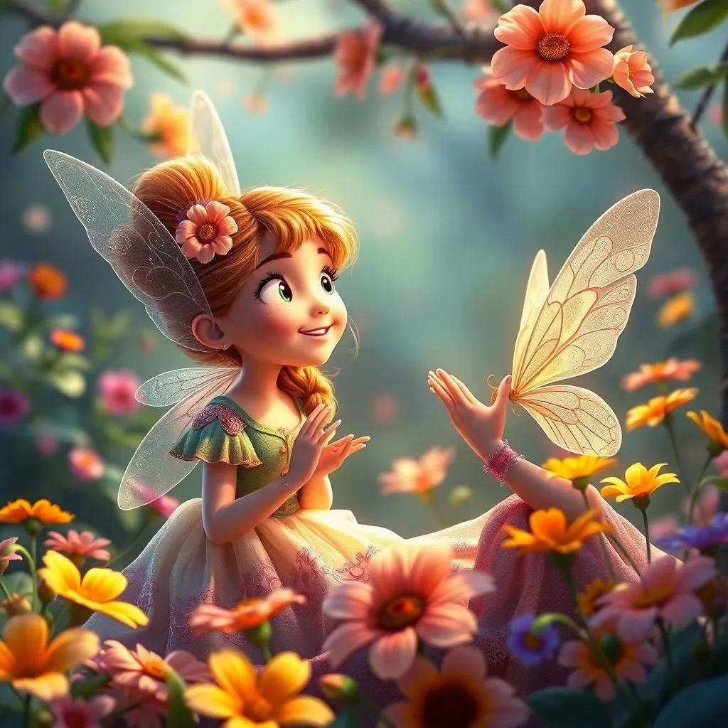 Clara conversing with the fairy, discussing her experiences, vibrant flowers around them, a sense of wisdom and joy in the air, detailed digital art, colorful and enchanting ambiance