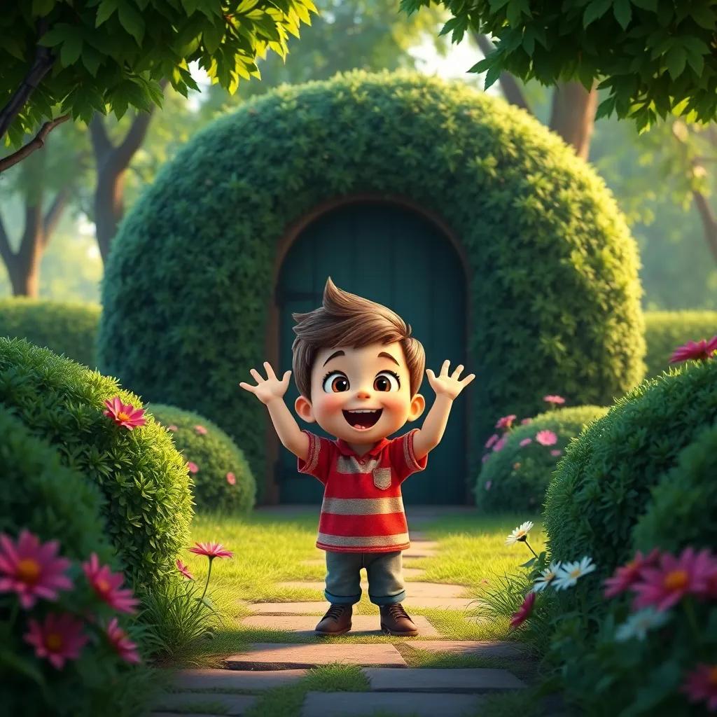 A young boy named Hugo, excited and curious, standing before a hidden door in a green park, surrounded by bushes and vibrant flowers, digital art, bright colors, magical atmosphere, inviting perspective, high quality