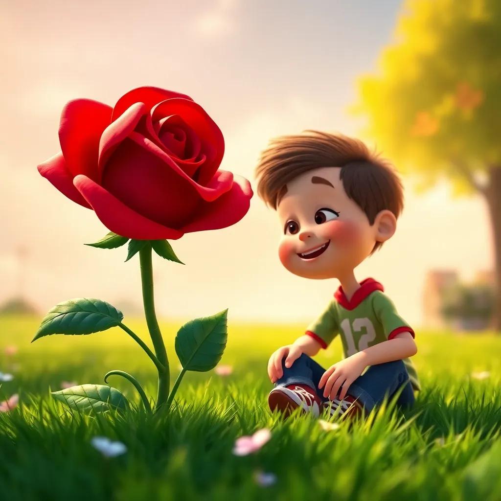 A beautiful red rose, animated and smiling, leaning towards Hugo while he sits on the grass, with sparkling petals and a sunny background, whimsical, warm colors, cheerful perspective, high quality