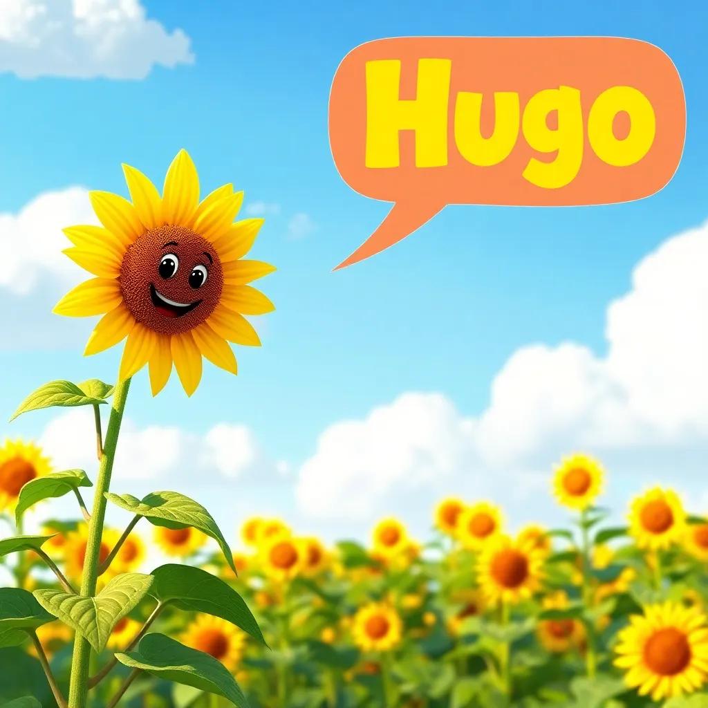 A tall sunflower with bright yellow petals, animated and cheerful, talking to Hugo, with a blue sky and fluffy clouds above, engaging and colorful, friendly atmosphere, high quality