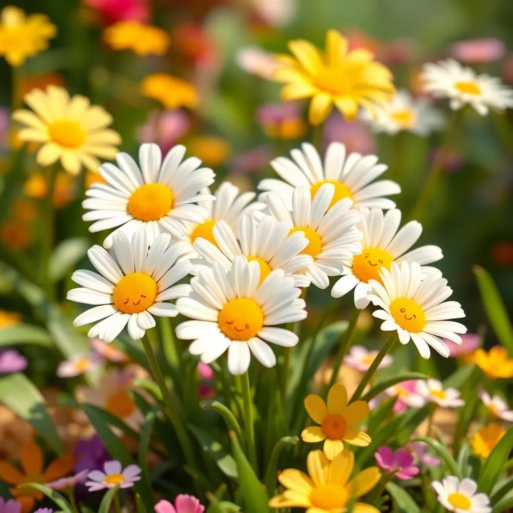 A group of small, happy daisies, smiling together in the garden, surrounding Hugo with colorful petals and a lively background, joyful and inviting, bright colors, playful style, high quality