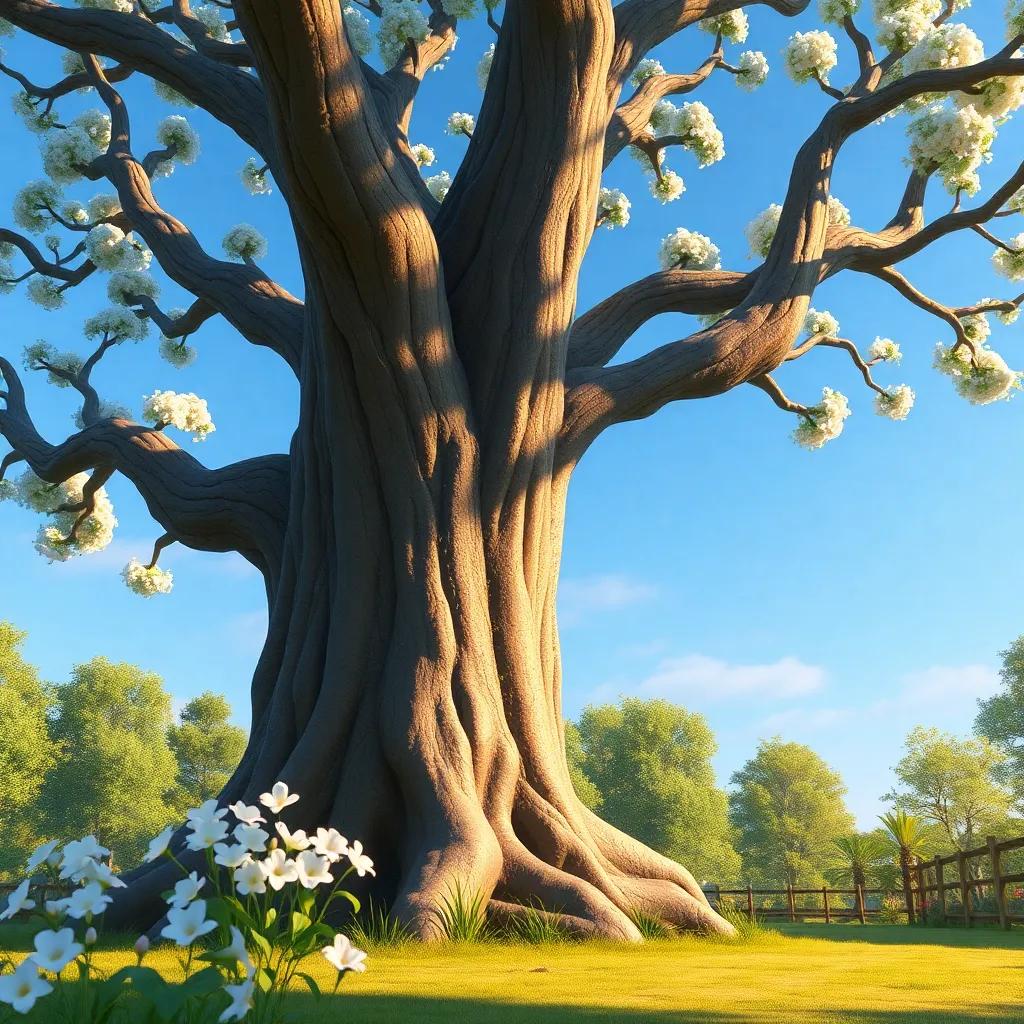 An ancient tree with white flowers around its trunk, wise and calm, speaking to Hugo in the garden, under a clear blue sky, peaceful and serene atmosphere, detailed illustration, warm lighting, high quality