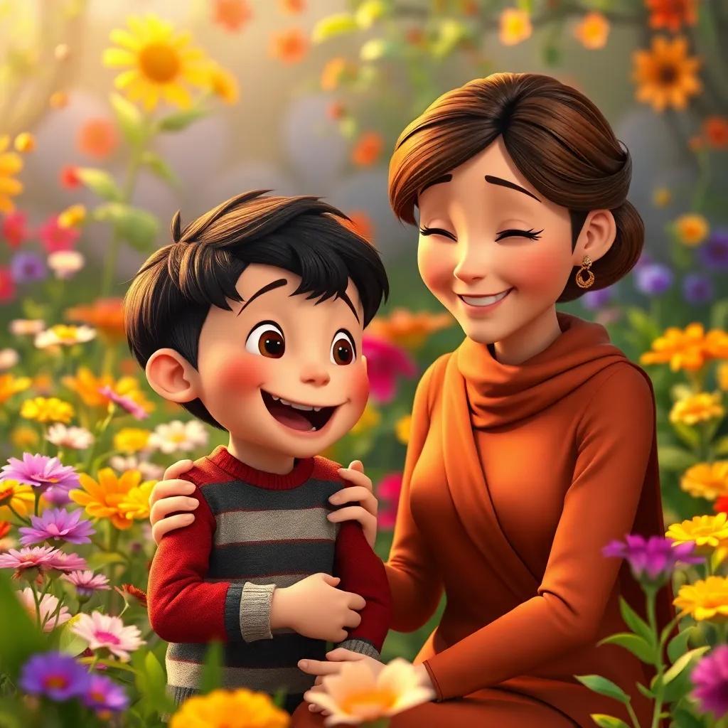 Hugo excitedly telling his mother about the magical garden, with colorful flowers in the background, their expressions joyful and animated, heartwarming scene, warm colors, family-focused, high quality