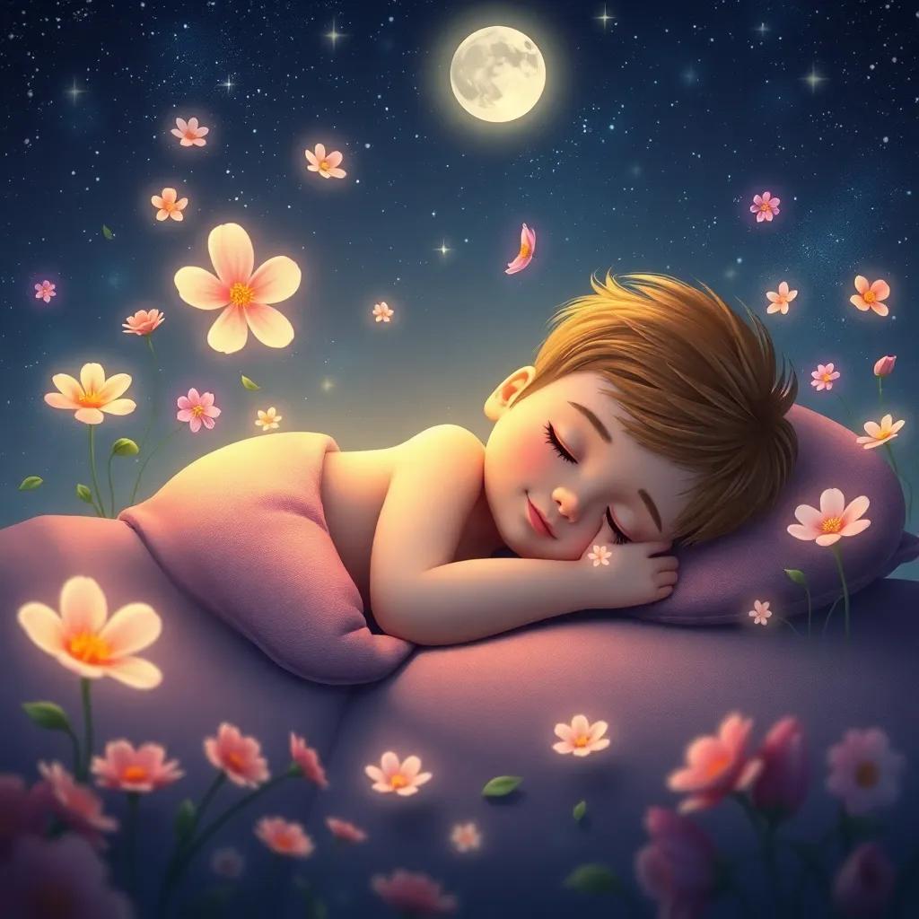 Hugo sleeping peacefully, dreaming of the garden, with floating flowers around him and a starry night sky, whimsical and soothing, soft colors, magical ambiance, high quality