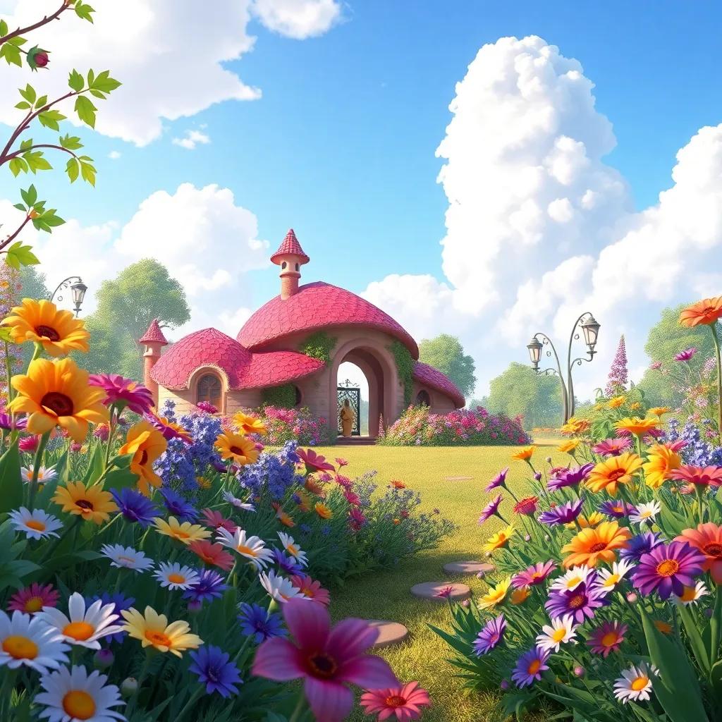 A view of the magical garden, filled with colorful flowers, a clear sky, and a sense of wonder, capturing the essence of friendship and life lessons, vibrant and enchanting, whimsical scene, high quality