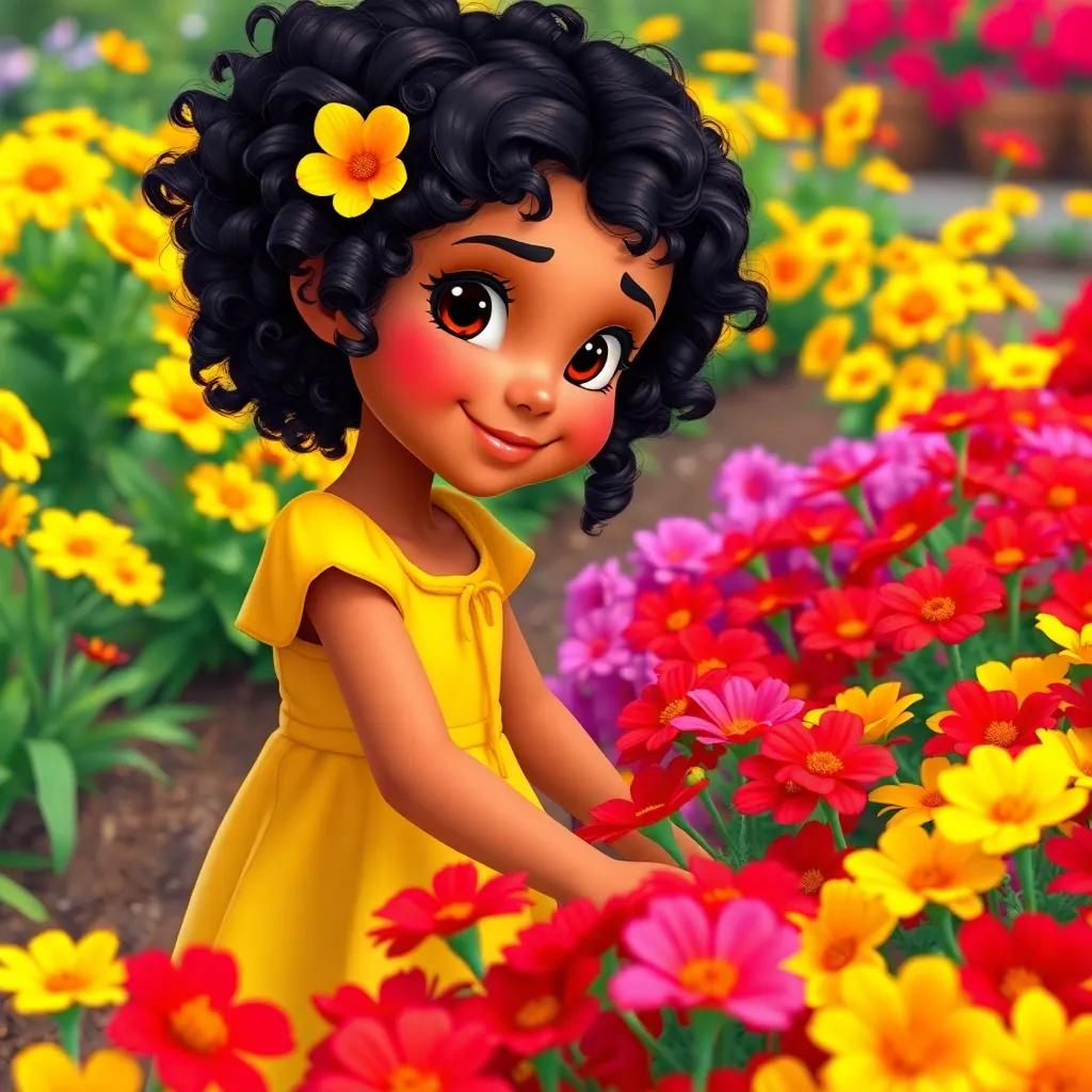Lila, a young Hispanic girl, with curly black hair, wearing a bright yellow dress, tending her colorful garden filled with red and yellow flowers, digital art, vibrant colors, cheerful atmosphere, high quality
