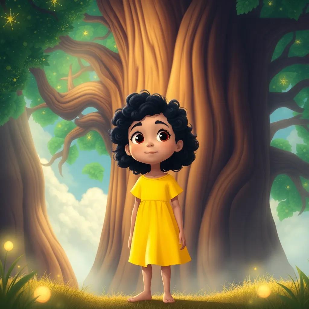 Lila, a young Hispanic girl, with curly black hair, wearing a bright yellow dress, standing in front of a gigantic tree that touches the clouds, with sparkling green leaves, illustration, whimsical, magical vibe, high quality