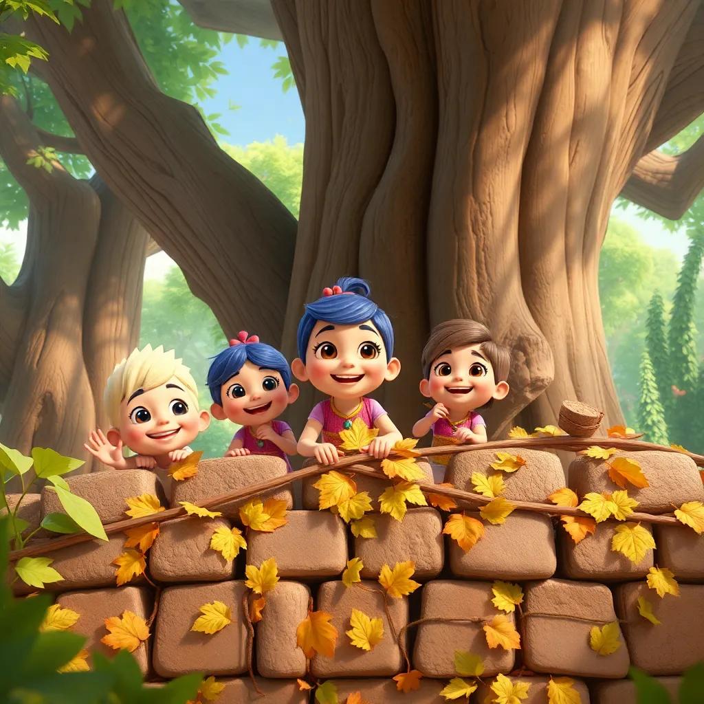 Lila and her new friends working together, gathering leaves and branches to build a strong wall, smiles on their faces, surrounded by giant trees, bright and cheerful scene, digital art, high quality