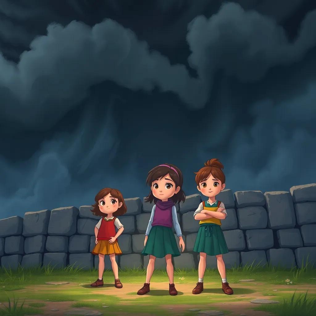 The storm approaching with dark clouds, but Lila and her friends standing bravely in front of their built wall, determination in their eyes, illustration, dramatic, yet hopeful vibe, high quality