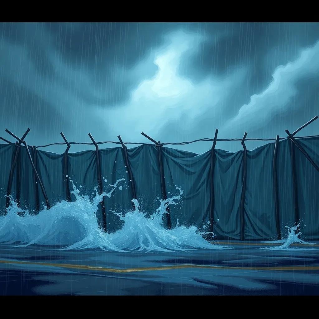 The storm raging with heavy rain and wind, but the makeshift wall standing strong, colors of blue and gray dominating the scene, showcasing resilience, digital painting, high quality