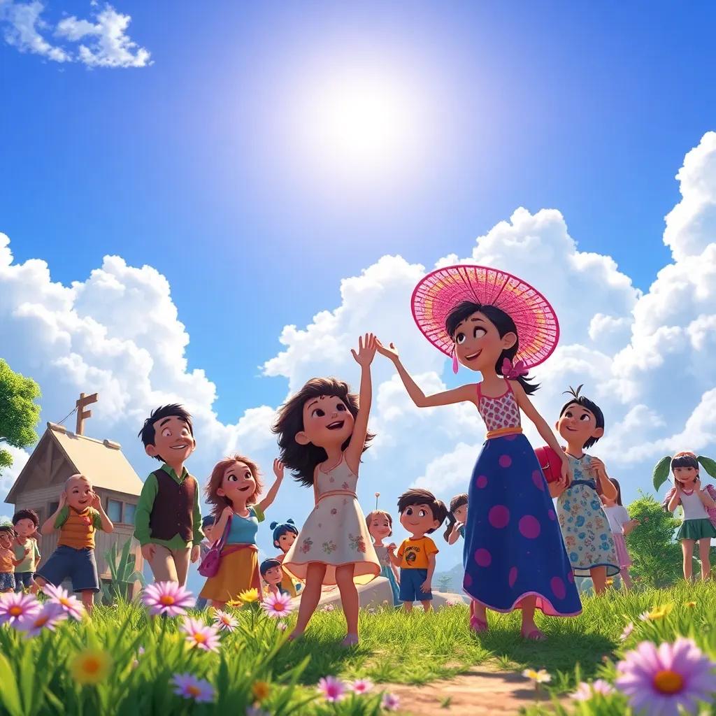 After the storm, Lila and the inhabitants celebrating under the sunshine, the sky bright blue with fluffy white clouds, vibrant colors, joyful atmosphere, digital art, high quality