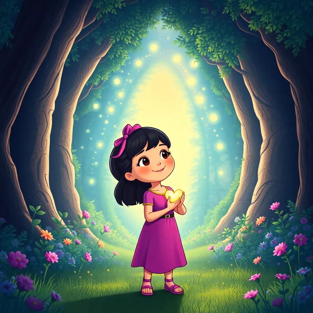 Lila promising to return to the magical forest, with the portal glowing in the background, her heart filled with warmth and friendship, illustration, heartfelt and nostalgic, high quality
