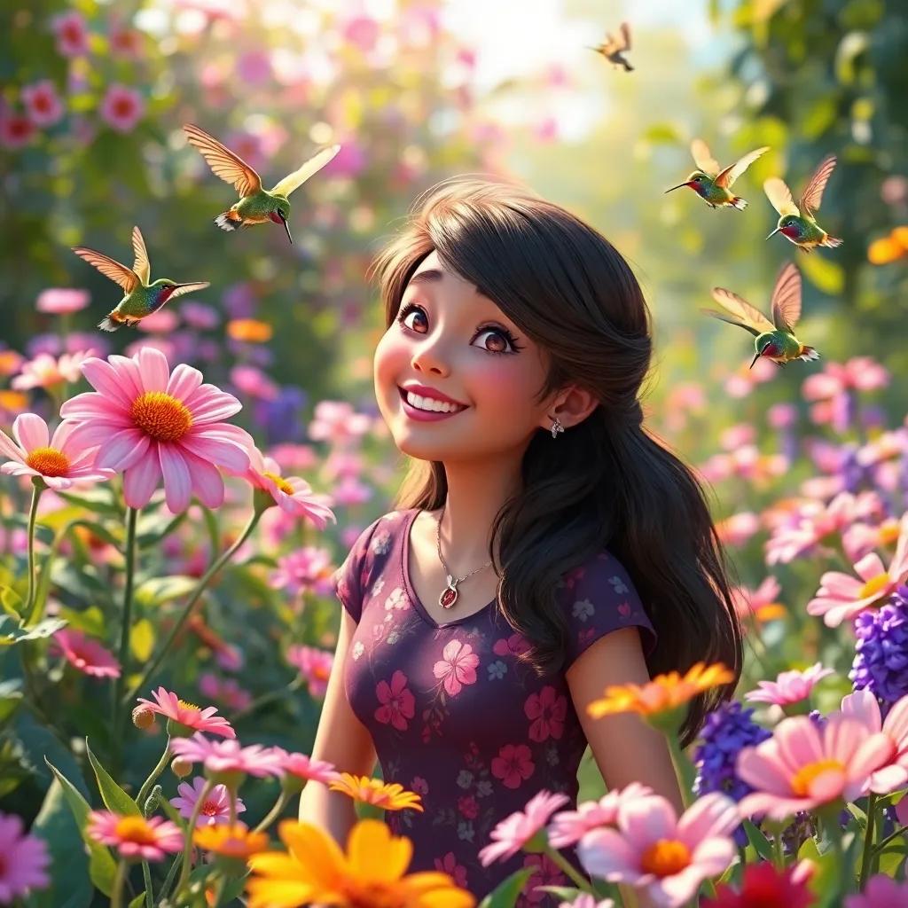 Lila in her garden, flowers brighter than ever, hummingbirds dancing around, her smile radiant as she remembers the adventures, digital art, warm light, cheerful ambiance, high quality