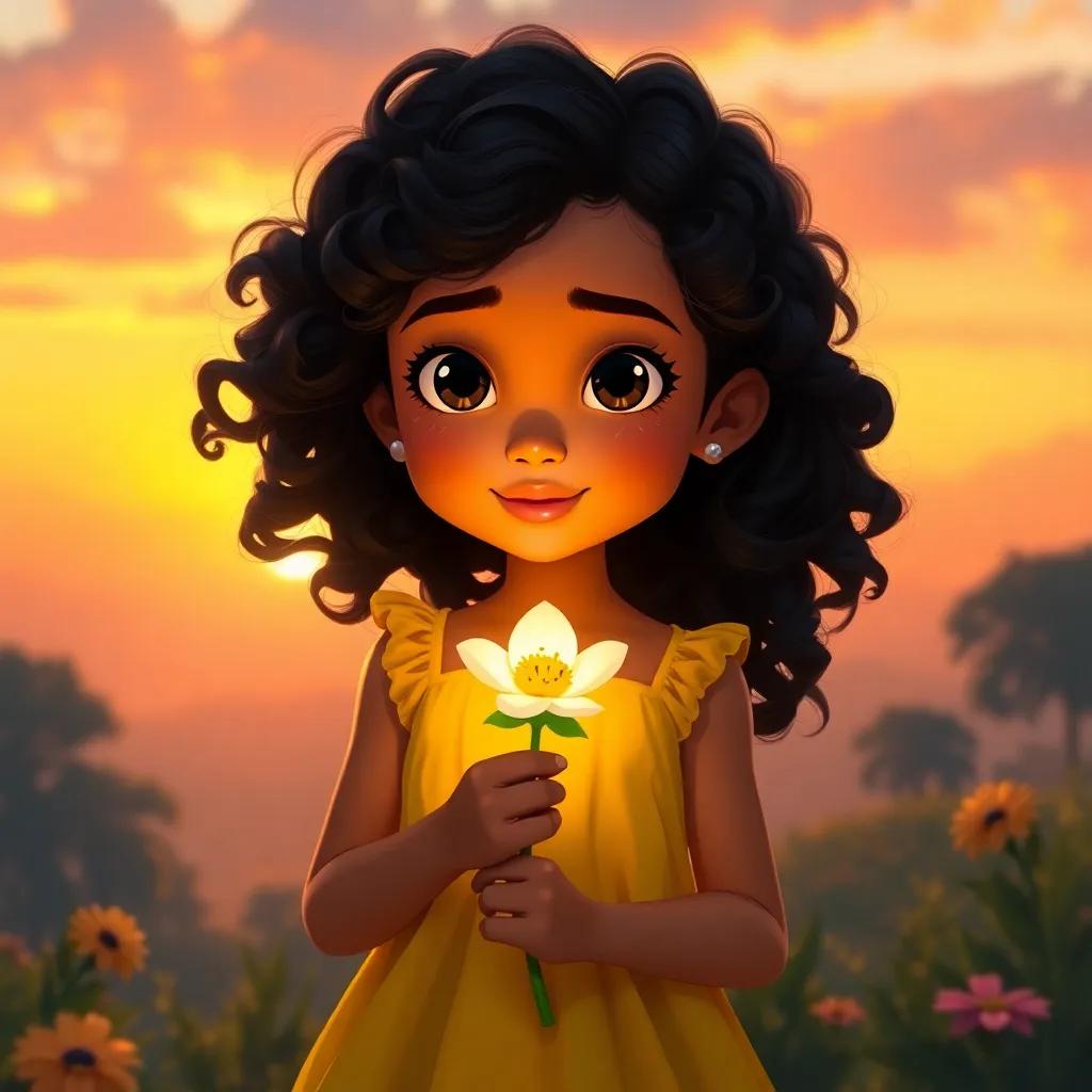 Lila, a young Hispanic girl, with curly black hair, wearing a bright yellow dress, holding a flower that glows with memories of her adventure, reflective moment, beautiful sunset, digital painting, high quality