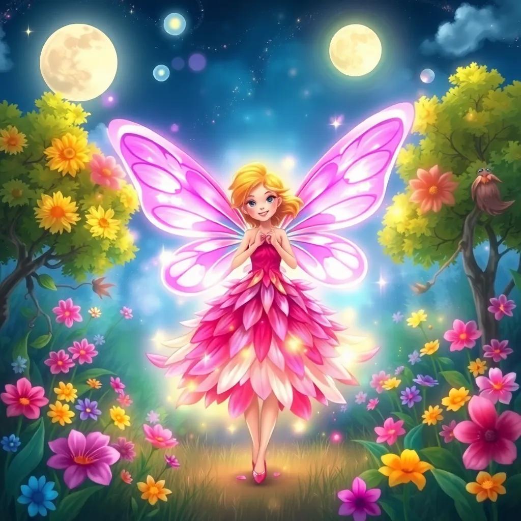 A radiant fairy with butterfly wings and a dress made of flower petals, standing in a magical garden under a full moon, colorful flowers and trees dancing around her, enchanting, digital art, magical glow, high quality