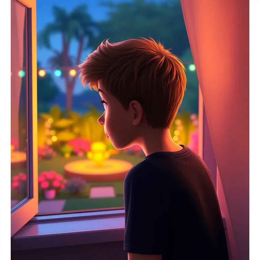 Javier, un niño de 10 años, con cabello castaño y ojos brillantes, mirando por la ventana de su habitación hacia un jardín iluminado por luces de colores, digital art, vibrante, cálido y acogedor, escapismo, alta calidad
