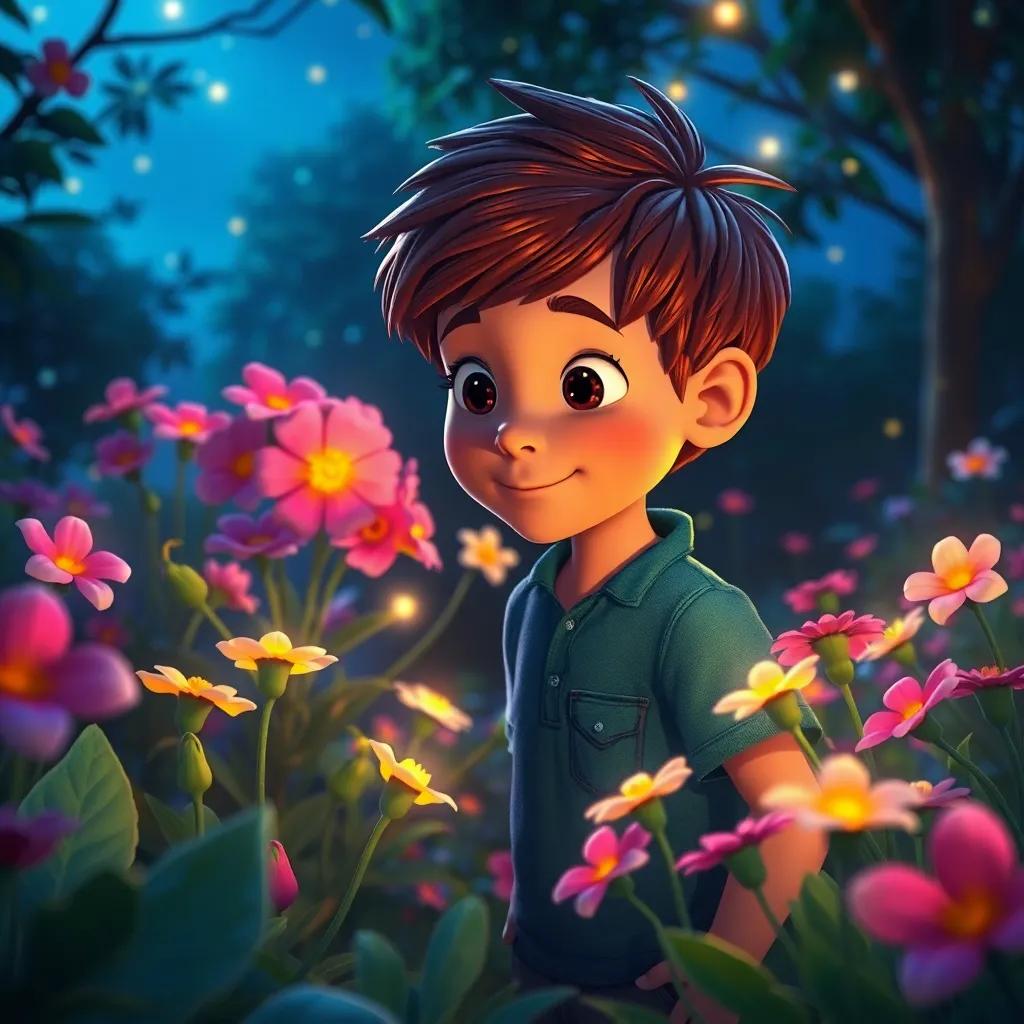 Javier, un niño de 10 años con cabello castaño, explorando un jardín secreto lleno de flores que brillan y susurran, la noche estrellada alrededor, mágico y colorido, arte digital, alegre, iluminado