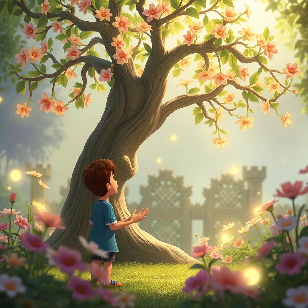 Un anciano árbol hablando con Javier, un niño de 10 años con cabello castaño, rodeado de flores danzantes y luciérnagas en el jardín, atmósfera mágica, suave y brillante, ilustración, visualmente deslumbrante