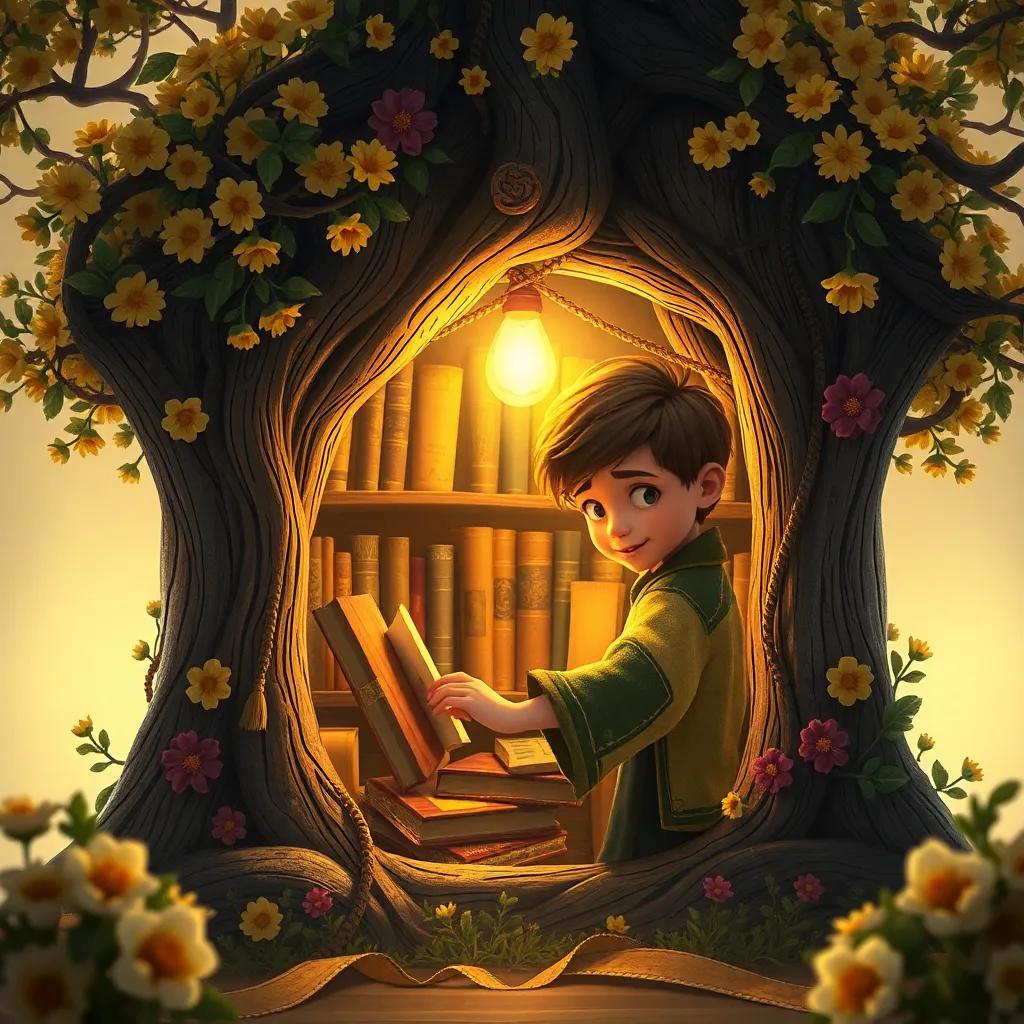 Un viejo cofre de tesoro, rodeado de enredaderas y flores, Javier, un niño de 10 años con cabello castaño, abriendo el cofre lleno de joyas y libros, luz dorada iluminando el árbol, atmósfera de misterio, digital art, alta calidad