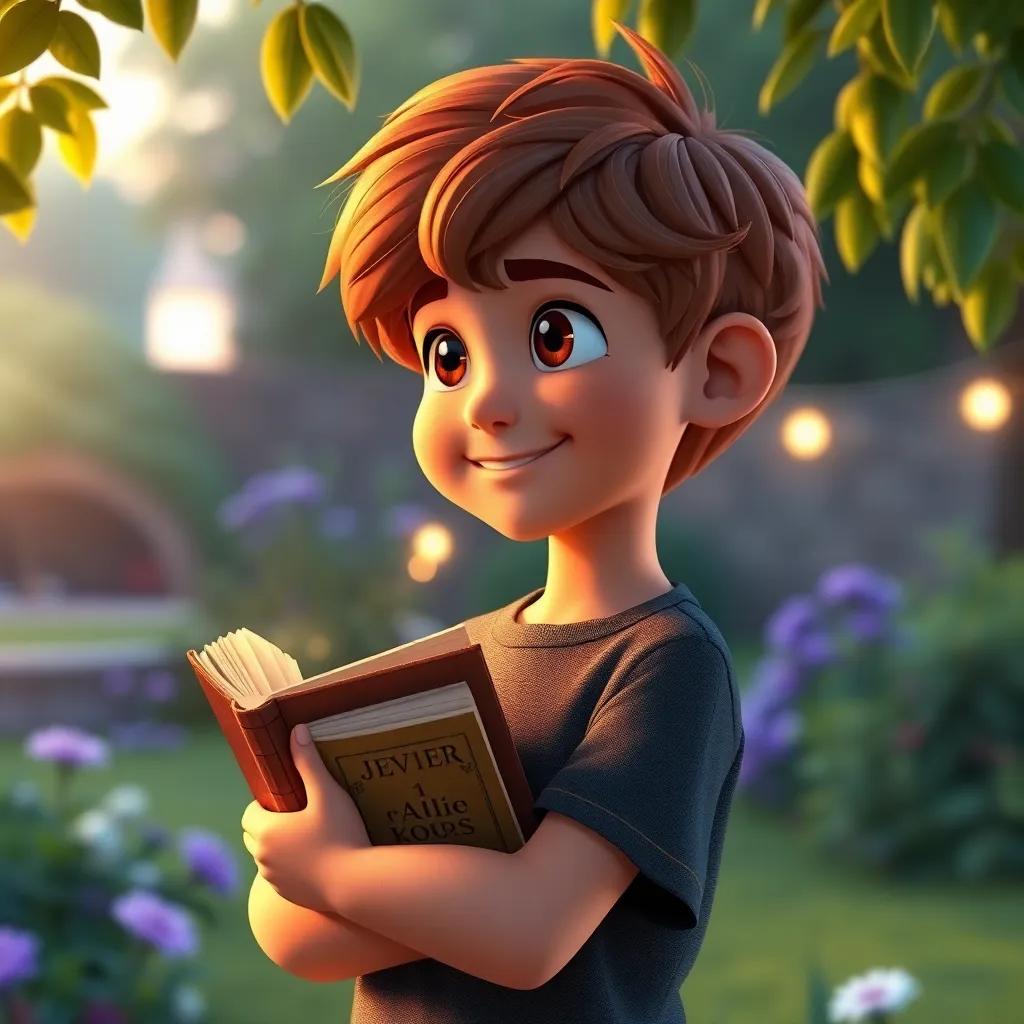 Javier, un niño de 10 años con cabello castaño, con joyas y libros antiguos en sus brazos, mirando al jardín desvanecerse al amanecer, expresando alegría y nostalgia, arte digital, luz suave, cálido y nostálgico