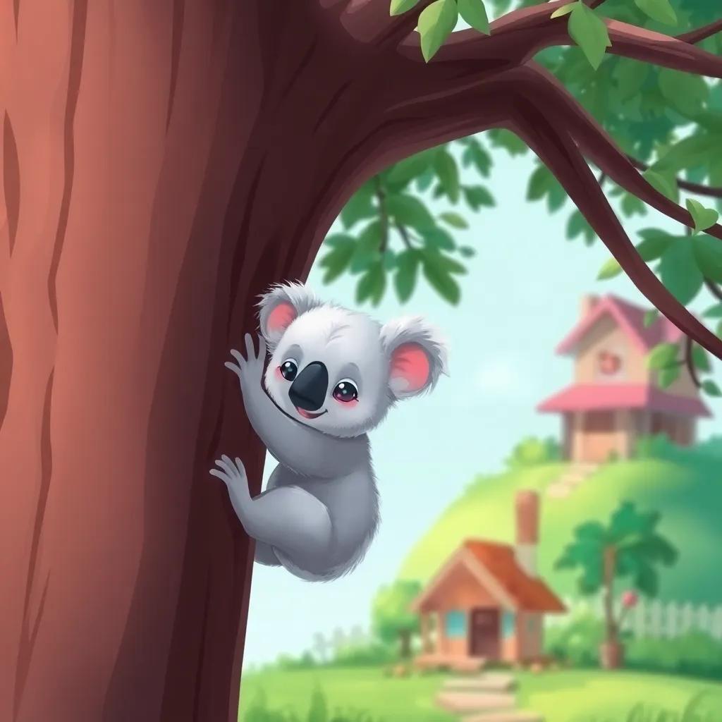 A baby koala, Koko, with fluffy silver-grey fur, quietly climbing down from a tall eucalyptus tree, with a small house in the background, bright and cheerful, child-friendly illustration, vibrant colors, storytelling perspective, high quality