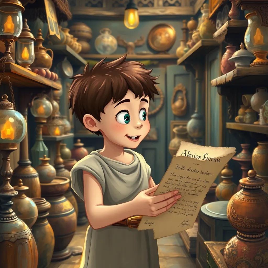 A young Greek boy, Alexios, with short brown hair wearing a simple tunic and sandals, looking excitedly at an old parchment in a quaint antique shop filled with curious objects, warm lighting, soft golden hues, digital art, whimsical style, high quality
