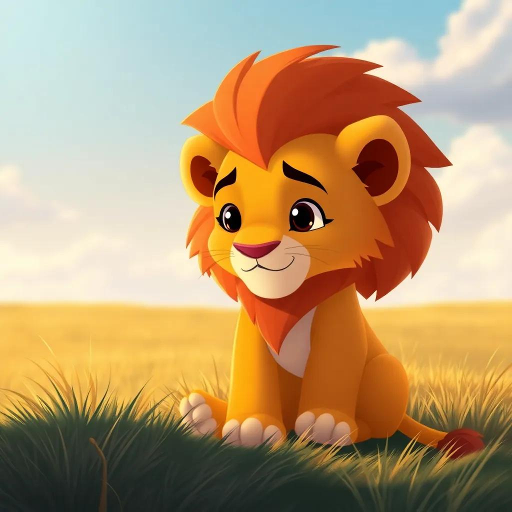 A young lion named Leo with a bright, fluffy mane, sitting lonely on a grassy plain under a blue sky, looking sad and hopeful, digital art, warm colors, inviting feeling, high quality