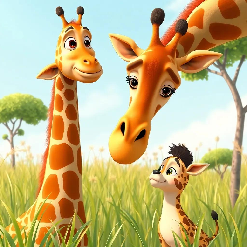 A tall, friendly giraffe named Jiri with big, gentle eyes, bending down to talk to Leo, surrounded by tall grass and a few trees, cheerful atmosphere, bright colors, friendly vibe
