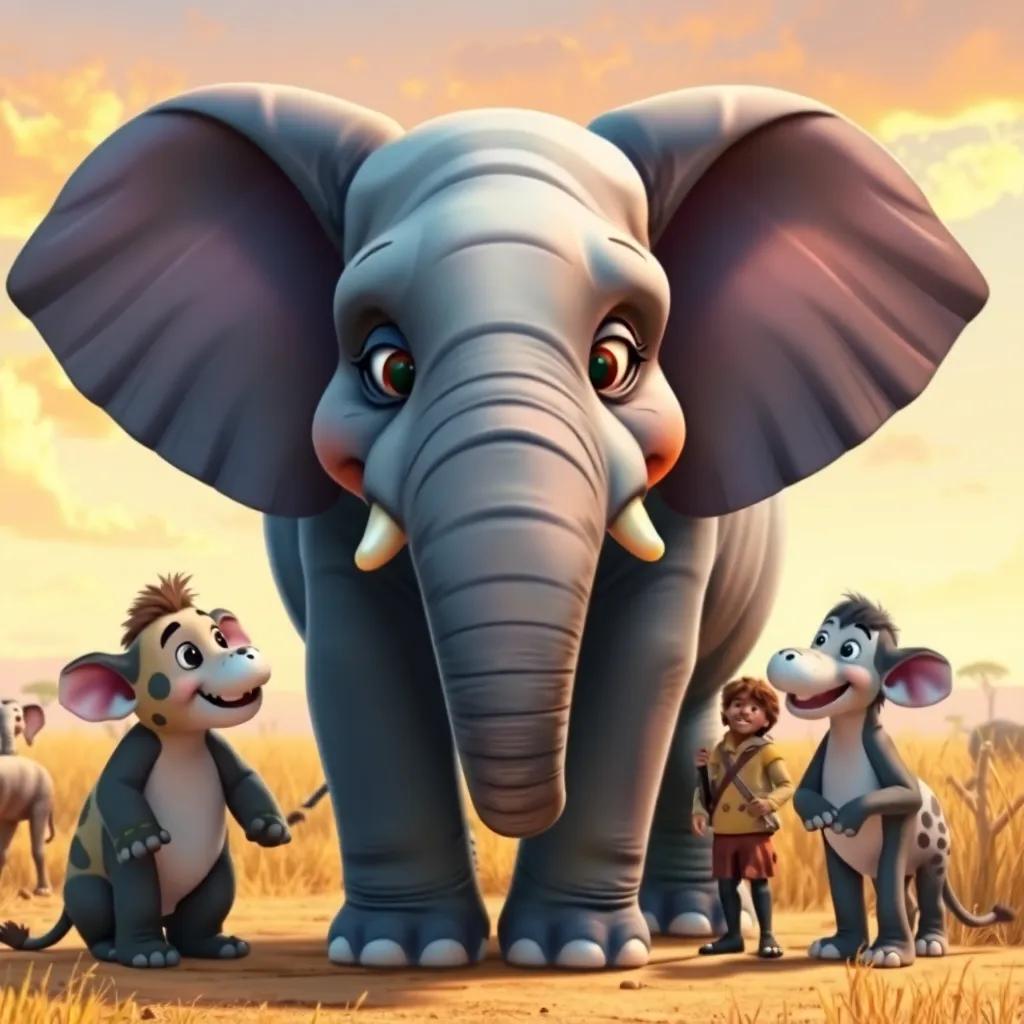 A powerful elephant named Ezequiel, with large ears and a friendly smile, talking with Leo and Jiri, in a sunny savannah, detailed and colorful illustration, warm light, playful scene