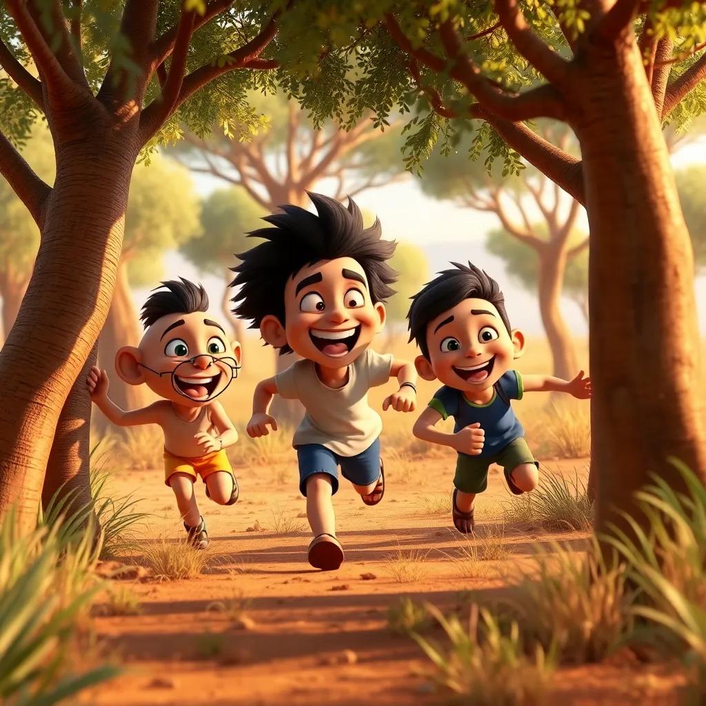 Leo, Jiri, and Ezequiel playing hide and seek together among the acacia trees, laughing and running, joyful and vibrant setting, fun and engaging atmosphere, high quality