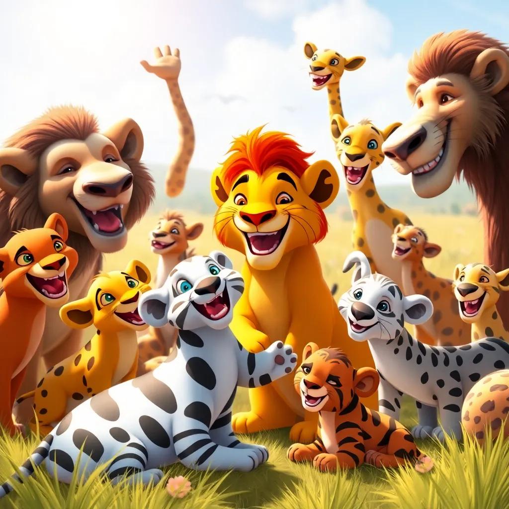 The animals of the savannah joyfully playing together with Leo in the center, everyone smiling and enjoying their time, rich colors, bright sunlight, heartwarming scene, uplifting imagery