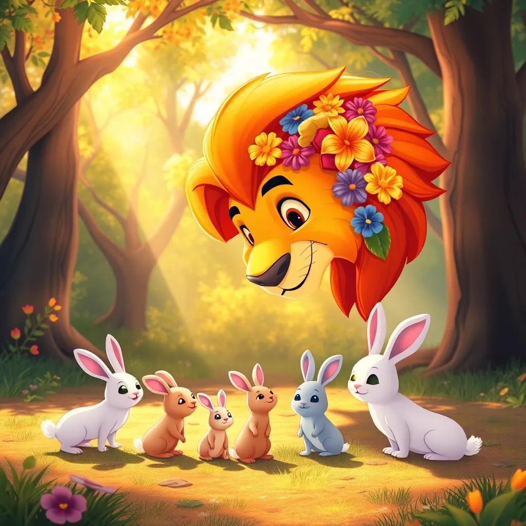Leo, the friendly lion with a colorful flower-adorned mane, looking curiously at a family of small rabbits in a clearing, warm sunlight filtering through the trees, heartwarming scene, illustration, vibrant, inviting vibe