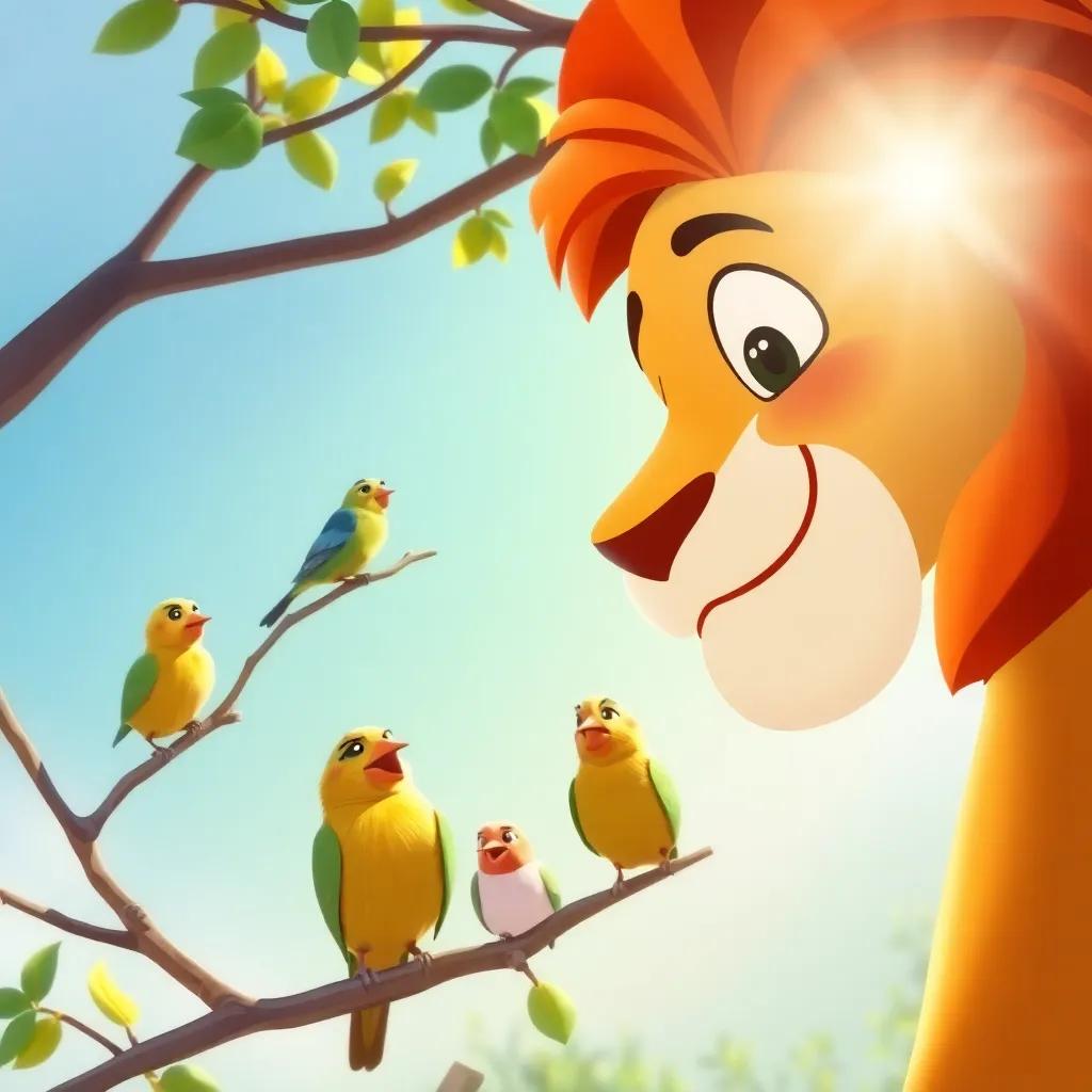 Leo, the lion with a colorful mane, gently talking to a group of birds perched on branches, soft sunlight illuminating the scene, cheerful, friendly interaction, digital painting, bright colors, uplifting perspective