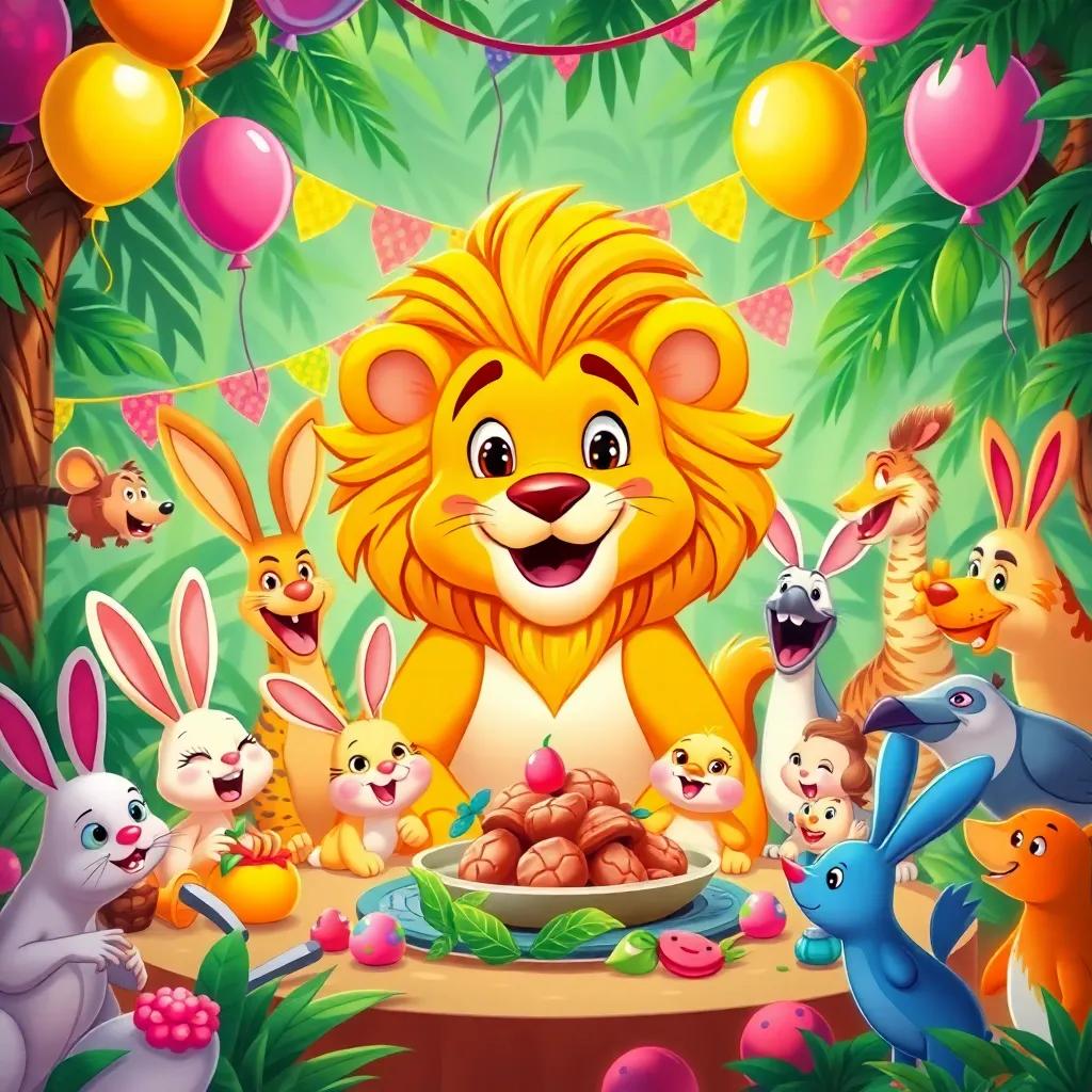 A lively jungle party with Leo, the lion, surrounded by various animals like rabbits and birds, colorful decorations, balloons, and joyful expressions, high-spirited atmosphere, invitation to friendship, vibrant illustration, festive mood