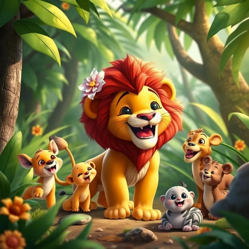 Leo, the lion with a flower-decorated mane, joyfully playing with his new animal friends in the jungle, surrounded by lush greenery and cheerful animals, digital art, dynamic scene, bright colors, engaging quality